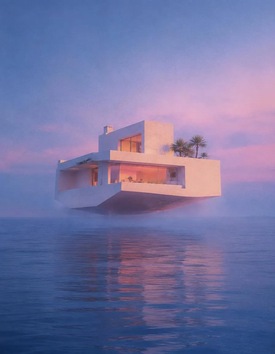 A white house floating on a calm pastel sea