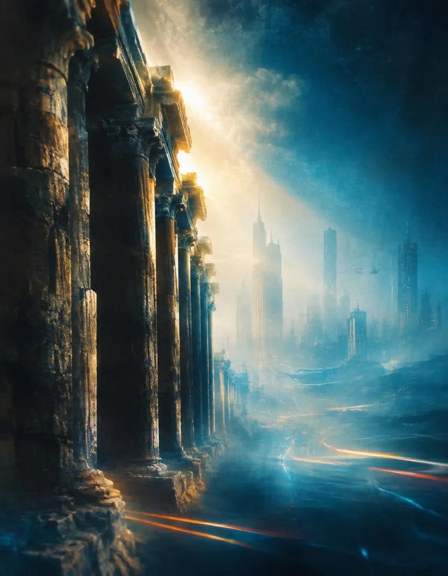 Ancient columns glowing with blue and golden light