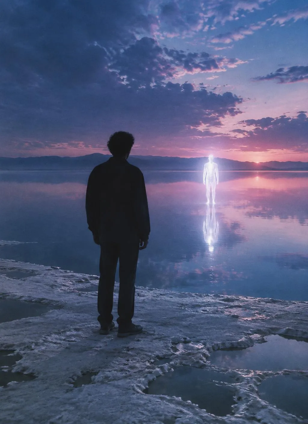 A person standing at the edge of a still lake at dusk, facing a beam of light